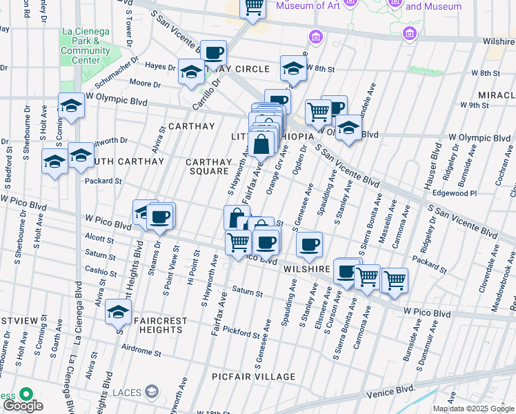 map of restaurants, bars, coffee shops, grocery stores, and more near 1134 South Fairfax Avenue in Los Angeles