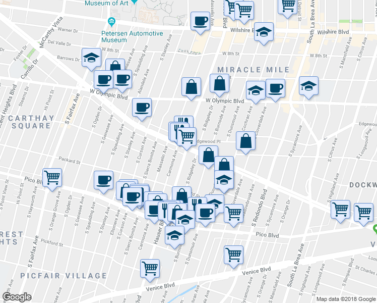 map of restaurants, bars, coffee shops, grocery stores, and more near 5599 Edgewood Pl in Los Angeles