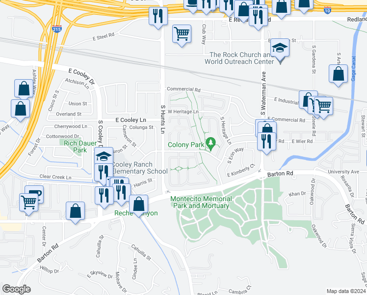 map of restaurants, bars, coffee shops, grocery stores, and more near 185 Plymouth Way in San Bernardino
