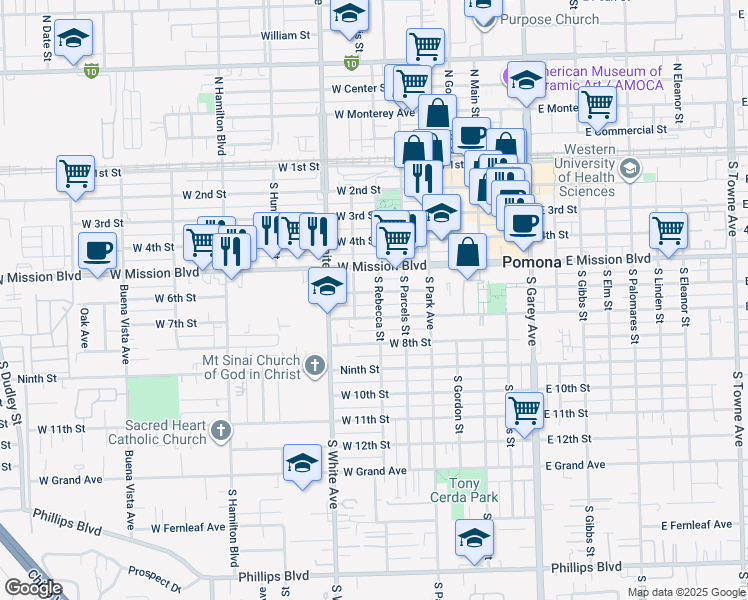 map of restaurants, bars, coffee shops, grocery stores, and more near 700 West 6th Street in Pomona