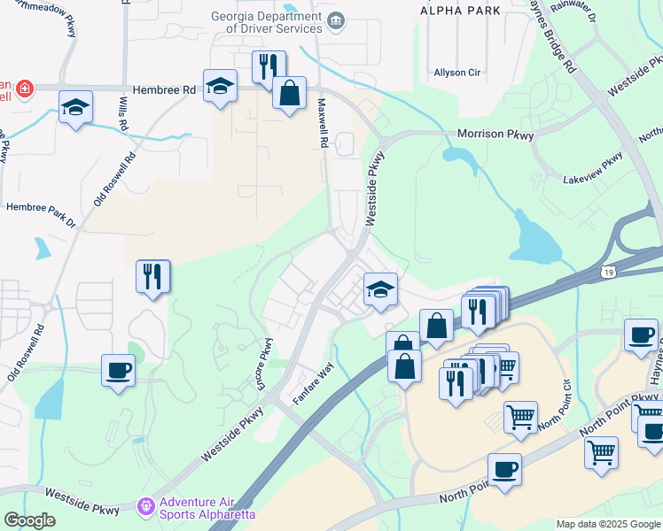 map of restaurants, bars, coffee shops, grocery stores, and more near 1965 Nocturne Drive in Alpharetta