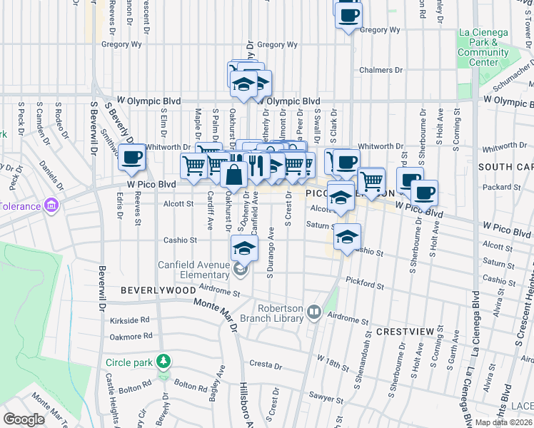 map of restaurants, bars, coffee shops, grocery stores, and more near 1449 South Durango Avenue in Los Angeles