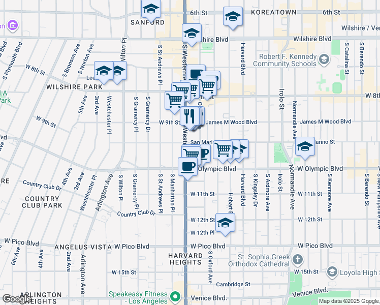 map of restaurants, bars, coffee shops, grocery stores, and more near 3464 San Marino Street in Los Angeles