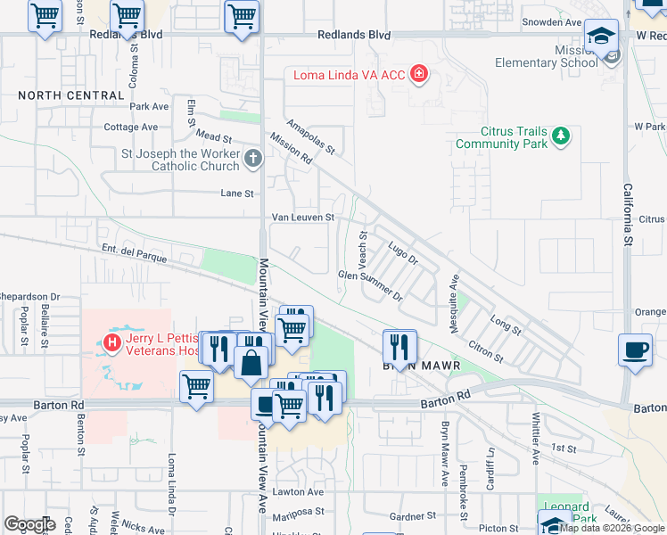 map of restaurants, bars, coffee shops, grocery stores, and more near 11012 Ragsdale Road in Loma Linda