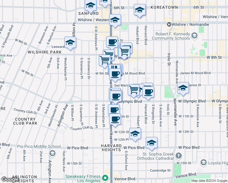 map of restaurants, bars, coffee shops, grocery stores, and more near 966 South Western Avenue in Los Angeles