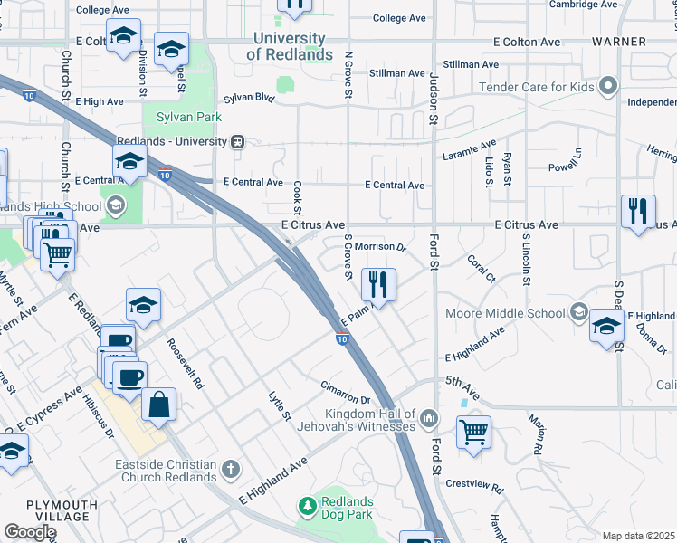 map of restaurants, bars, coffee shops, grocery stores, and more near 720 Napa Avenue in Redlands