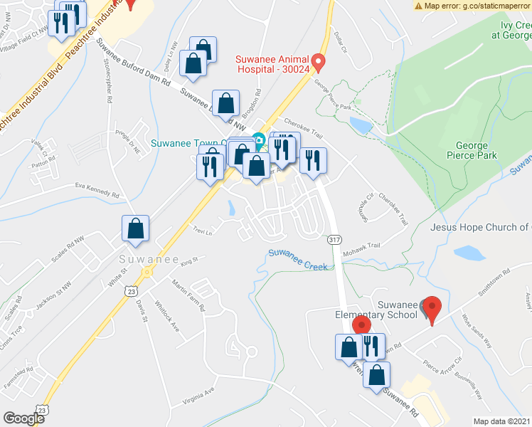map of restaurants, bars, coffee shops, grocery stores, and more near 386 Suwanee Avenue Northwest in Suwanee