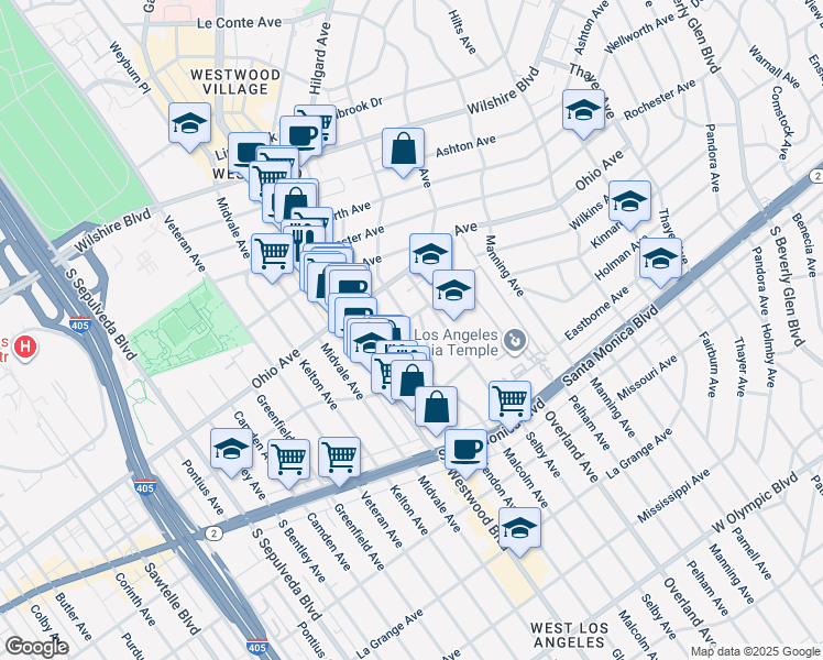 map of restaurants, bars, coffee shops, grocery stores, and more near 10800 Holman Avenue in Los Angeles