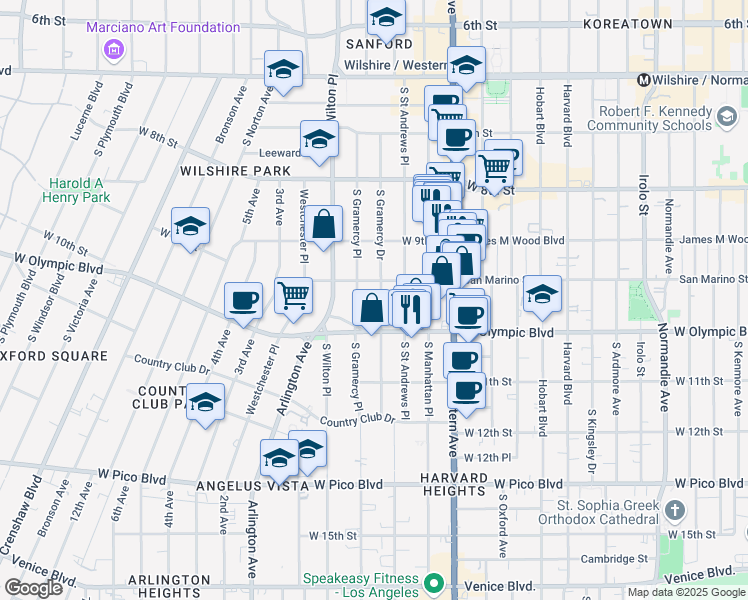 map of restaurants, bars, coffee shops, grocery stores, and more near 957 South Gramercy Drive in Los Angeles