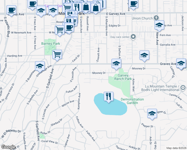 map of restaurants, bars, coffee shops, grocery stores, and more near 319 Mooney Drive in Monterey Park