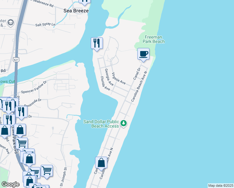 map of restaurants, bars, coffee shops, grocery stores, and more near 119 Georgia Avenue in Carolina Beach