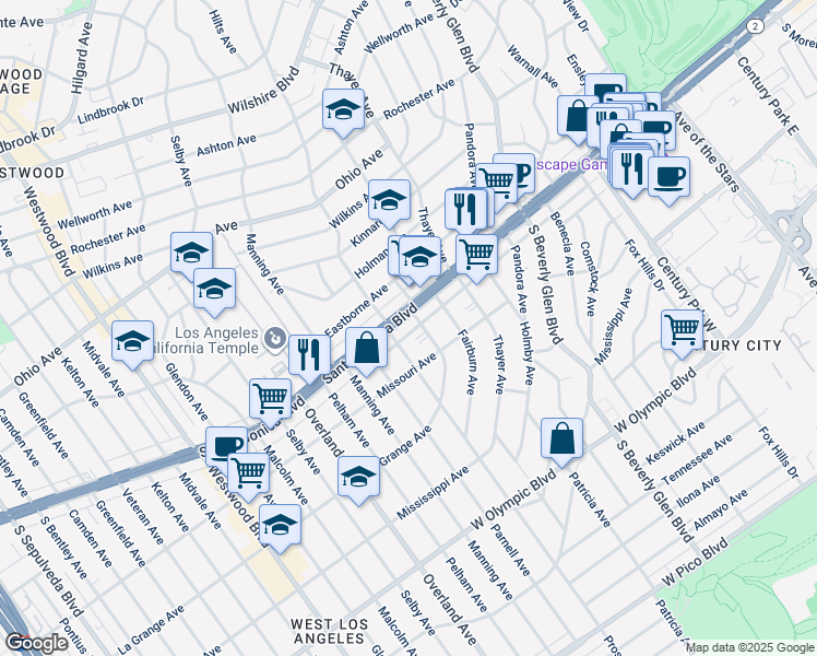 map of restaurants, bars, coffee shops, grocery stores, and more near 10560 Santa Monica Boulevard in Los Angeles