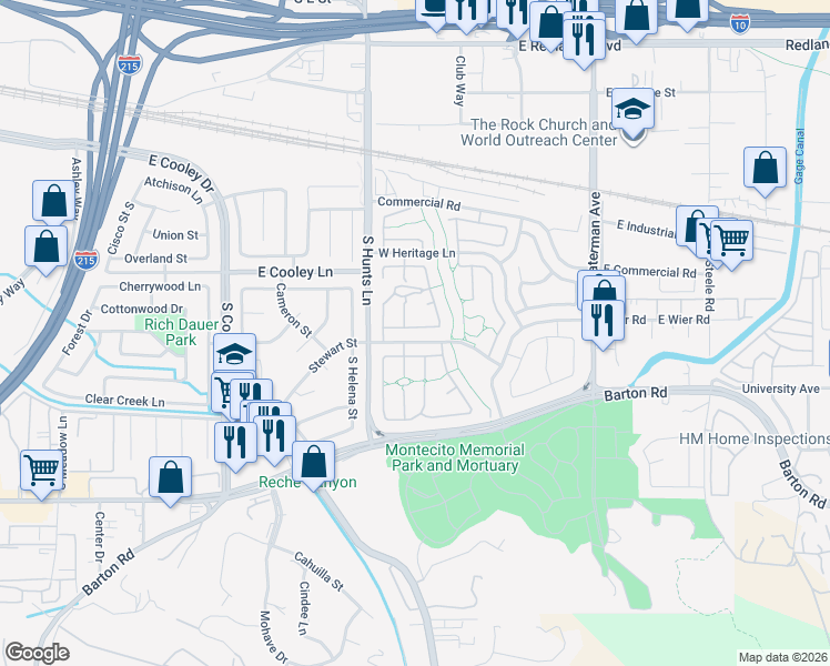 map of restaurants, bars, coffee shops, grocery stores, and more near 185 Plymouth Way in San Bernardino