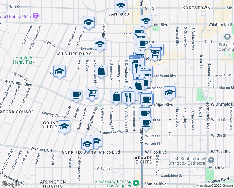 map of restaurants, bars, coffee shops, grocery stores, and more near 957 South Gramercy Drive in Los Angeles