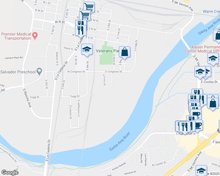 map of restaurants, bars, coffee shops, grocery stores, and more near 989 South Fernando Street in Colton