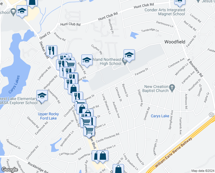map of restaurants, bars, coffee shops, grocery stores, and more near 1217 Faraway Drive in Columbia