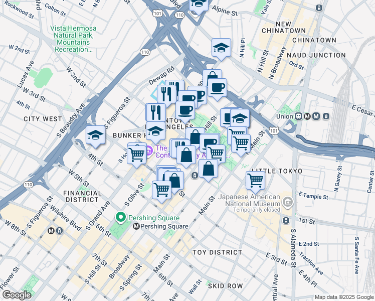 map of restaurants, bars, coffee shops, grocery stores, and more near 100 North Hill Street in Los Angeles