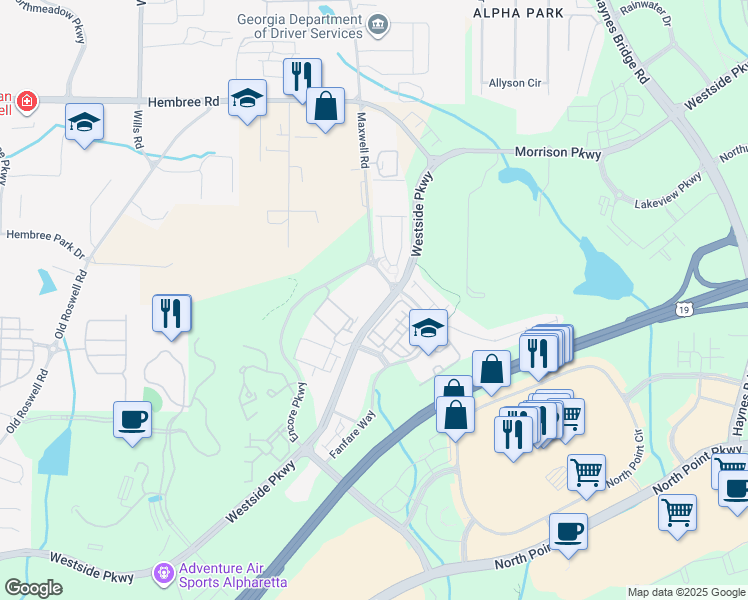 map of restaurants, bars, coffee shops, grocery stores, and more near 1965 Nocturne Drive in Alpharetta