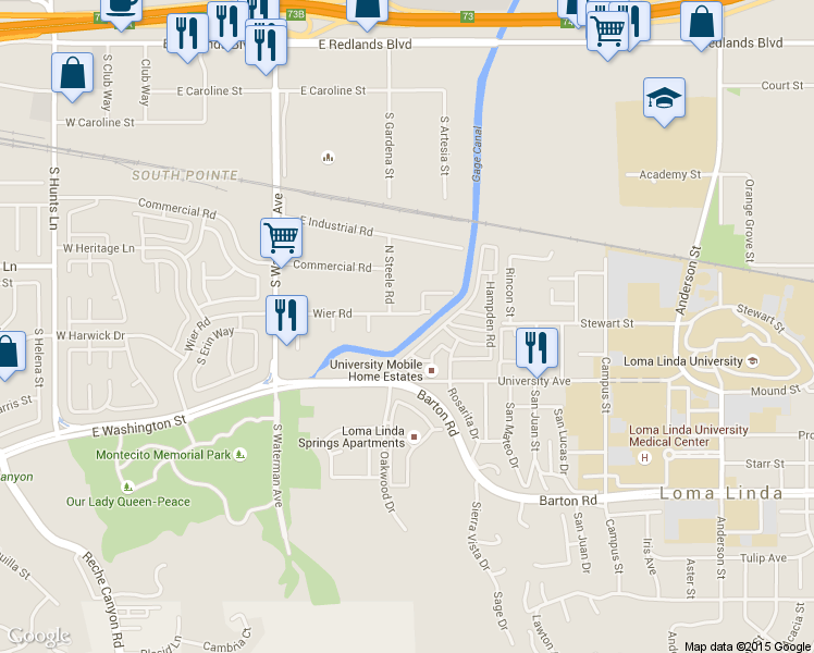 map of restaurants, bars, coffee shops, grocery stores, and more near 540 Wier Road in San Bernardino