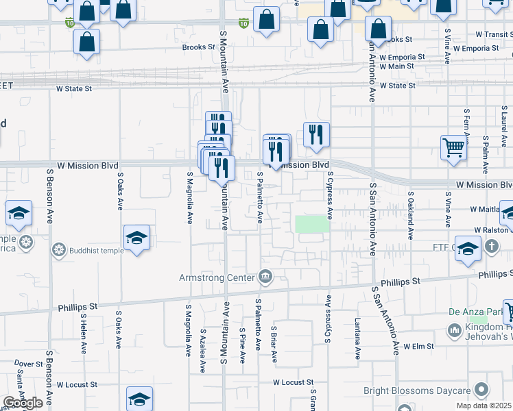 map of restaurants, bars, coffee shops, grocery stores, and more near 851 South Palmetto Avenue in Ontario