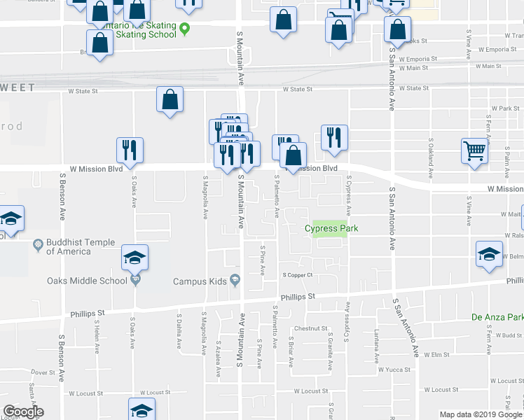 map of restaurants, bars, coffee shops, grocery stores, and more near 863 South Mountain Avenue in Ontario