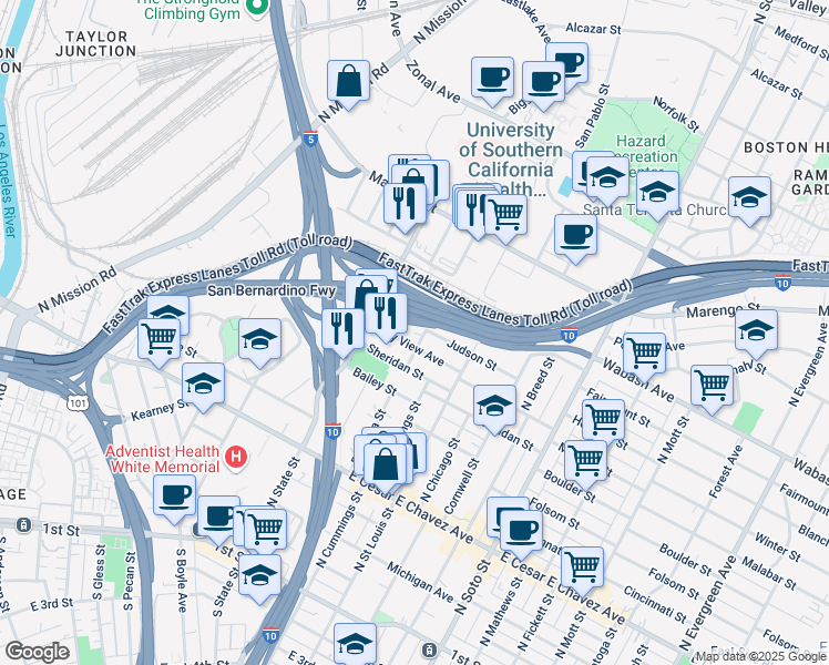 map of restaurants, bars, coffee shops, grocery stores, and more near 861 Brittania Street in Los Angeles