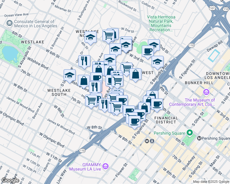 map of restaurants, bars, coffee shops, grocery stores, and more near 1131 West 6th Street in Los Angeles