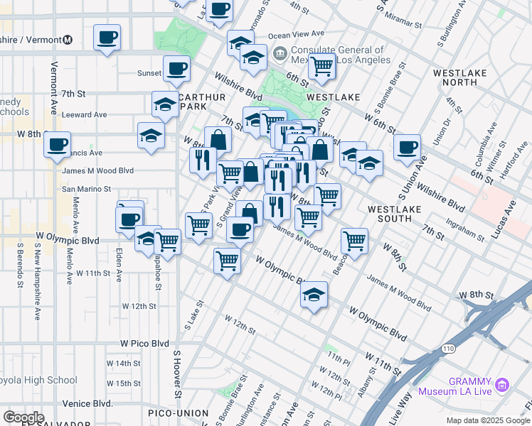 map of restaurants, bars, coffee shops, grocery stores, and more near 830 South Lake Street in Los Angeles