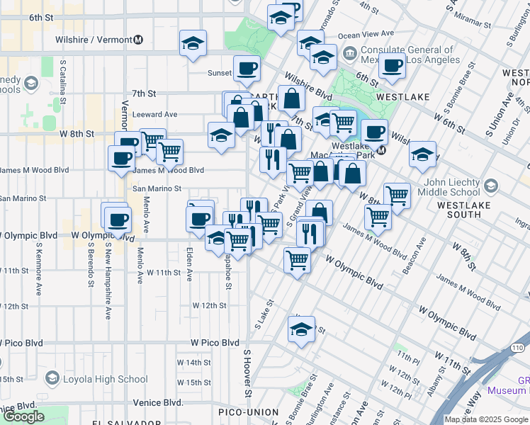 map of restaurants, bars, coffee shops, grocery stores, and more near 917 South Park View Street in Los Angeles