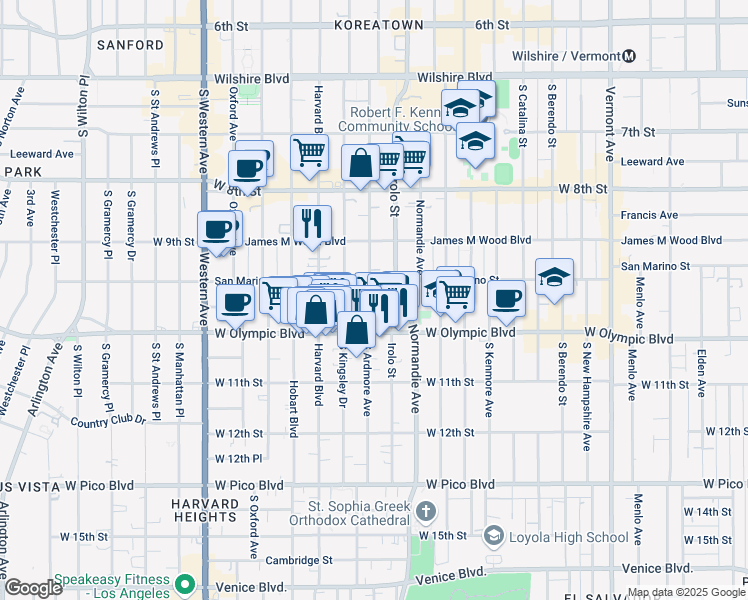 map of restaurants, bars, coffee shops, grocery stores, and more near 939 South Ardmore Avenue in Los Angeles