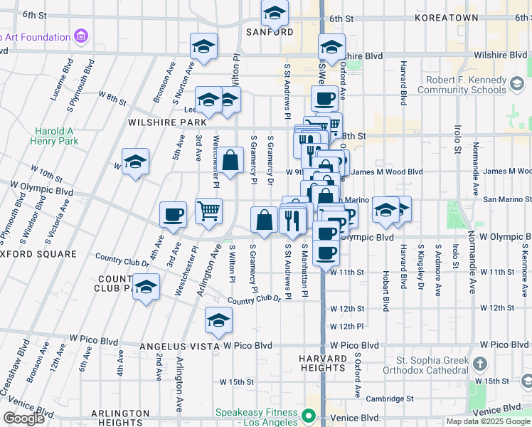 map of restaurants, bars, coffee shops, grocery stores, and more near 939 South Gramercy Place in Los Angeles