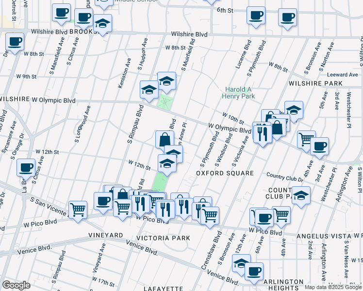 map of restaurants, bars, coffee shops, grocery stores, and more near 1089 Queen Anne Place in Los Angeles
