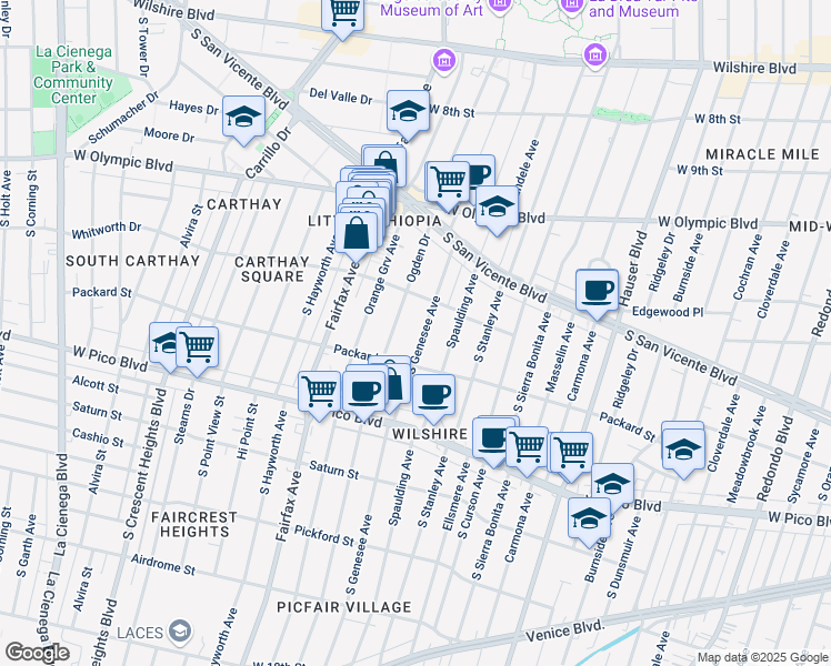 map of restaurants, bars, coffee shops, grocery stores, and more near 1111 South Genesee Avenue in Los Angeles