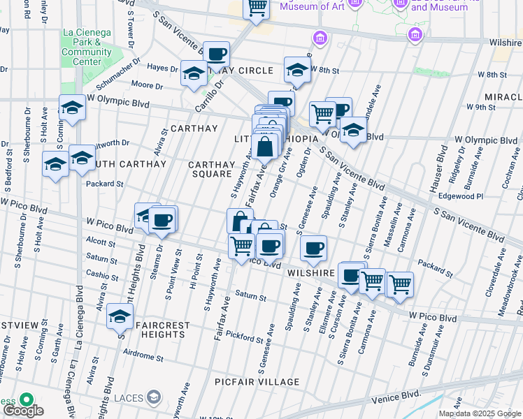map of restaurants, bars, coffee shops, grocery stores, and more near 1134 South Fairfax Avenue in Los Angeles