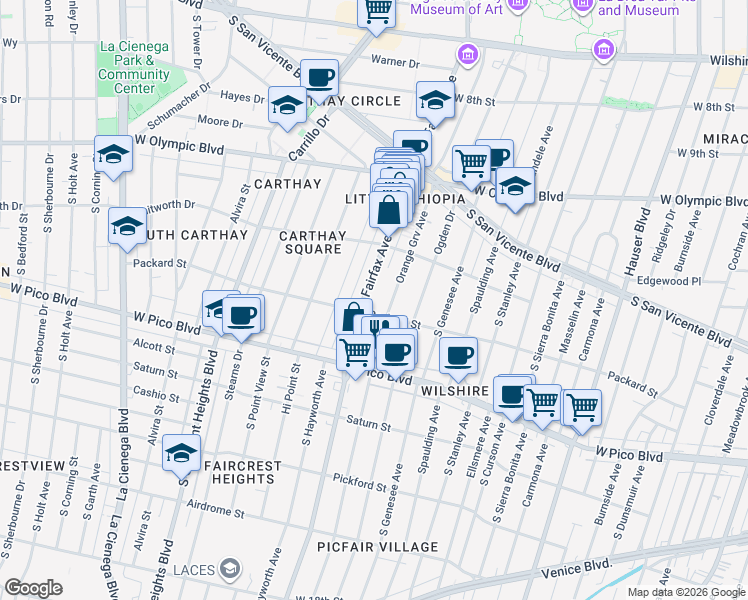 map of restaurants, bars, coffee shops, grocery stores, and more near 1134 South Fairfax Avenue in Los Angeles