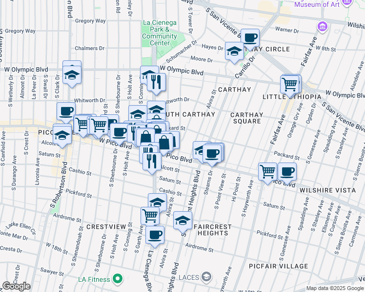 map of restaurants, bars, coffee shops, grocery stores, and more near 1213 1/2 South Orlando Avenue in Los Angeles