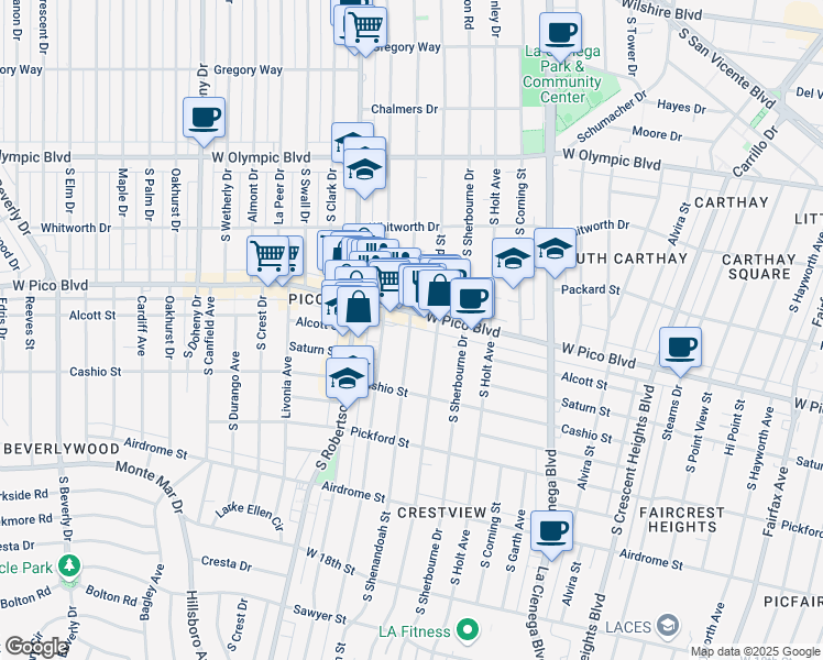 map of restaurants, bars, coffee shops, grocery stores, and more near 8687 West Pico Boulevard in Los Angeles