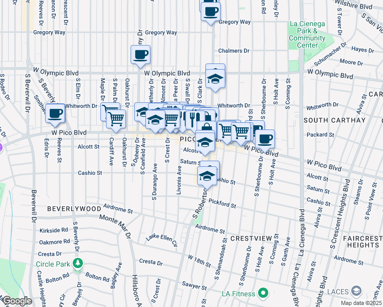 map of restaurants, bars, coffee shops, grocery stores, and more near 8885 West Pico Boulevard in Los Angeles