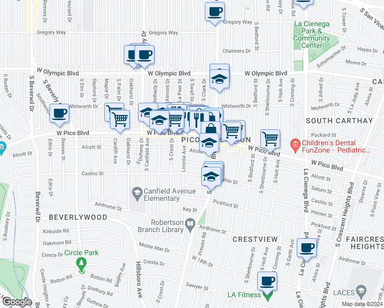 map of restaurants, bars, coffee shops, grocery stores, and more near 8885 West Pico Boulevard in Los Angeles