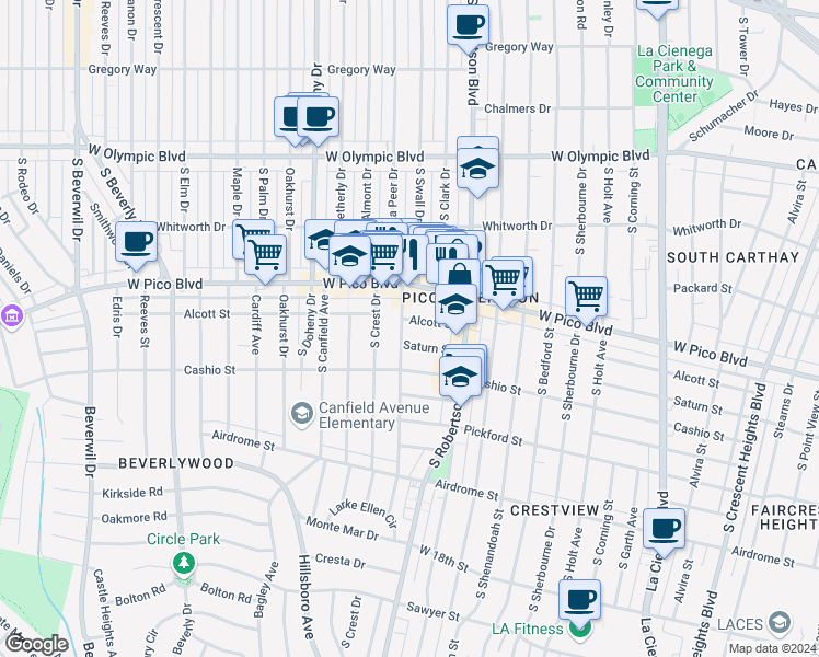 map of restaurants, bars, coffee shops, grocery stores, and more near 8885 West Pico Boulevard in Los Angeles