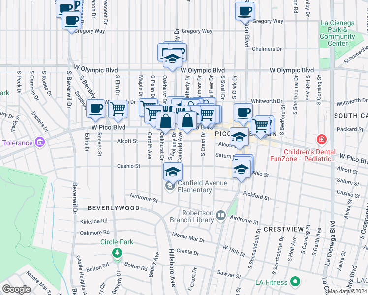 map of restaurants, bars, coffee shops, grocery stores, and more near 9043 Alcott Street in Los Angeles