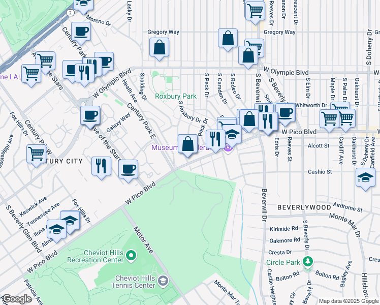 map of restaurants, bars, coffee shops, grocery stores, and more near 1264 Beverly Green Drive in Beverly Hills
