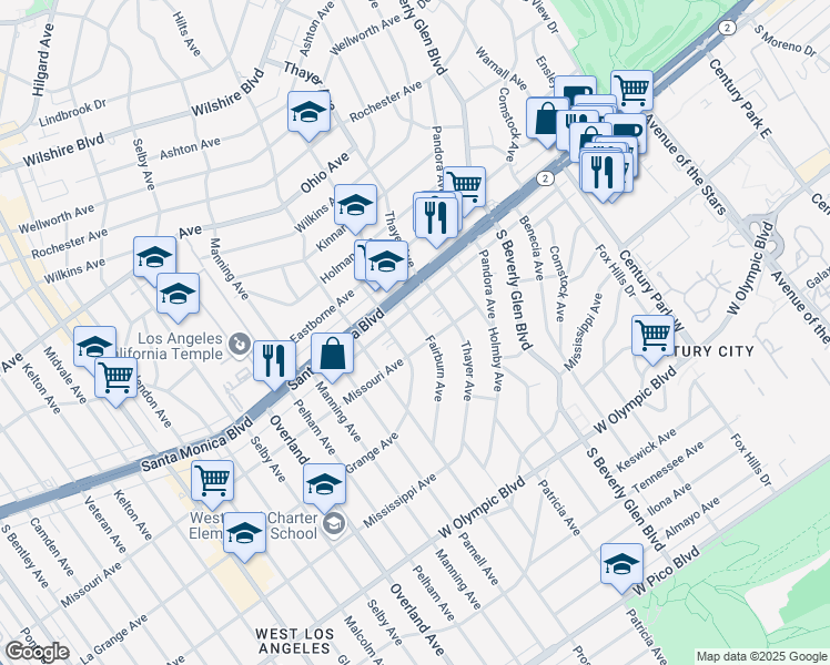 map of restaurants, bars, coffee shops, grocery stores, and more near 1827 Thayer Avenue in Los Angeles