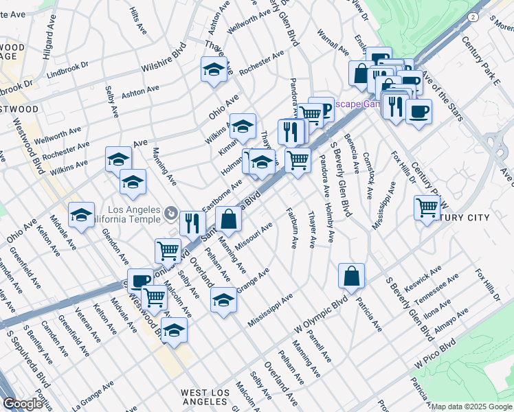 map of restaurants, bars, coffee shops, grocery stores, and more near 10540 1/2 California 2 in Los Angeles