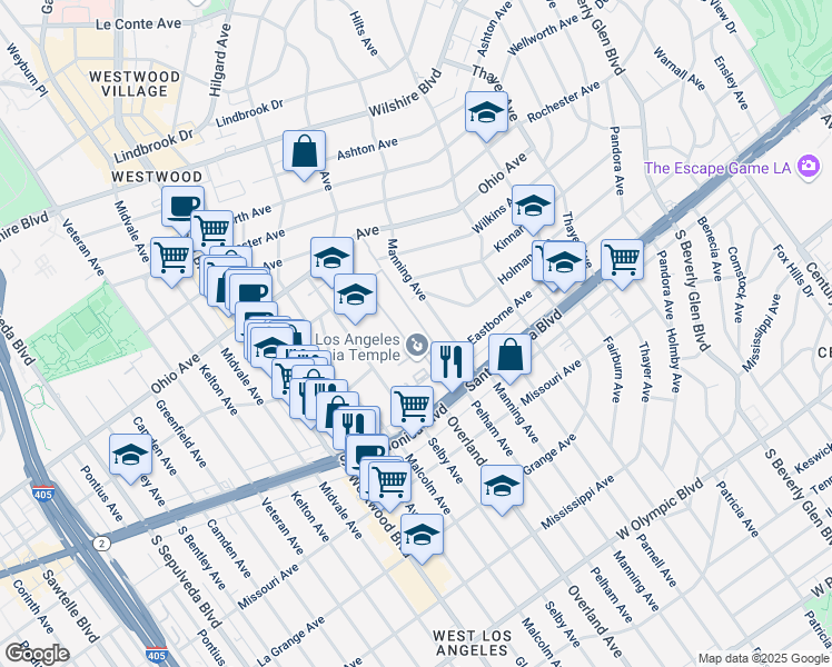 map of restaurants, bars, coffee shops, grocery stores, and more near 1607 Manning Avenue in Los Angeles