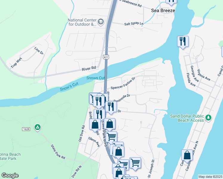 map of restaurants, bars, coffee shops, grocery stores, and more near 534 Spencer-Farlow Drive in Carolina Beach
