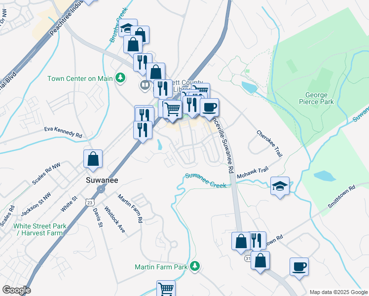 map of restaurants, bars, coffee shops, grocery stores, and more near 3920 Charleston Market Street Northwest in Suwanee