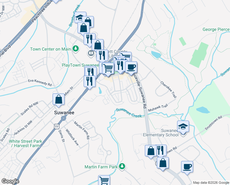 map of restaurants, bars, coffee shops, grocery stores, and more near 386 Suwanee Avenue Northwest in Suwanee