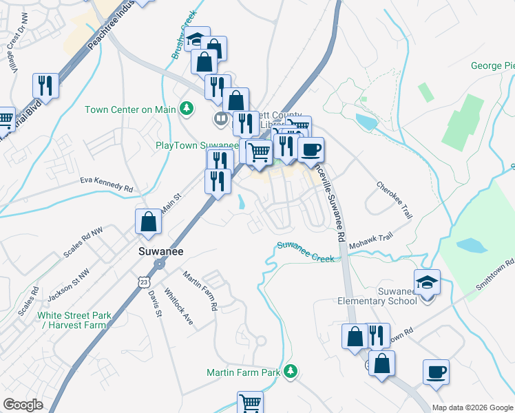 map of restaurants, bars, coffee shops, grocery stores, and more near 3661 Chicago Street Northwest in Suwanee