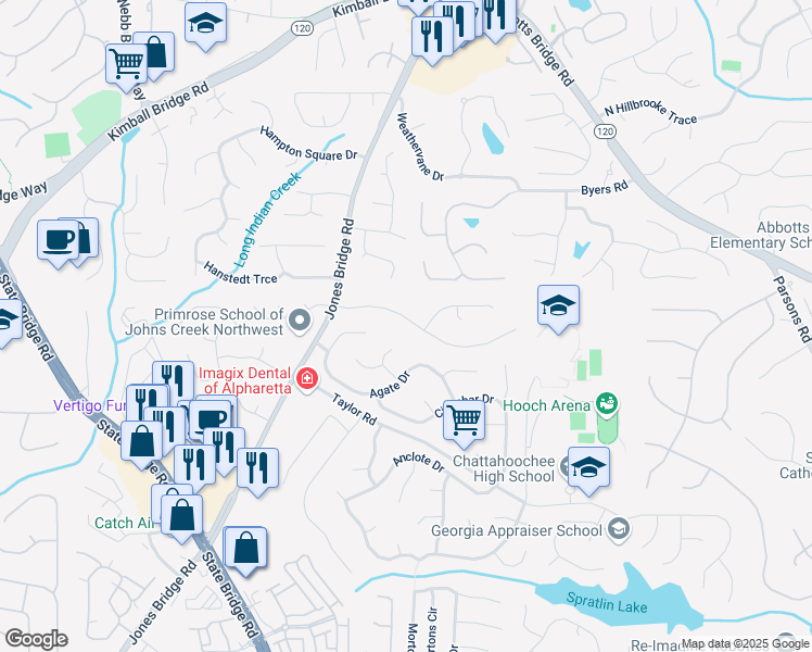 map of restaurants, bars, coffee shops, grocery stores, and more near 4965 North Bridges Drive in Alpharetta